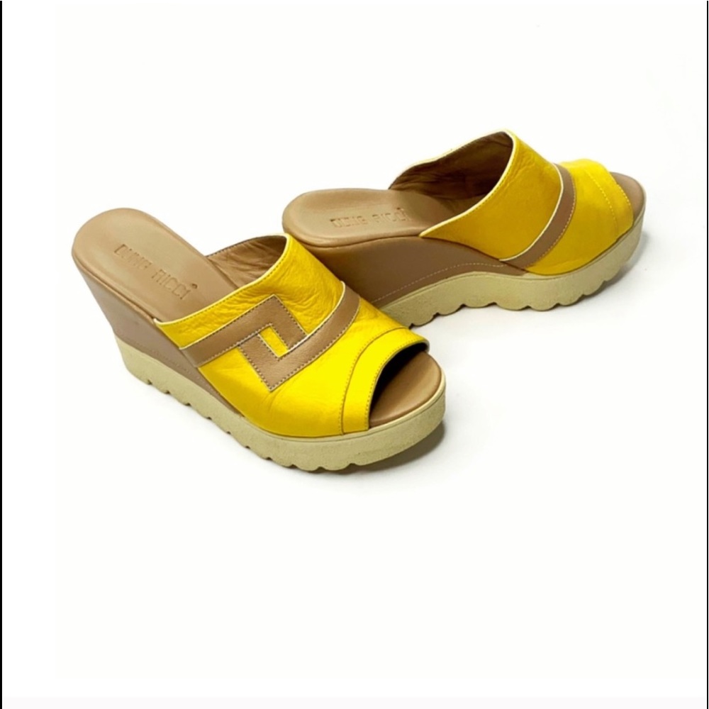 Duno Ricci Mustard Yellow Tan Platform Wedge Mules